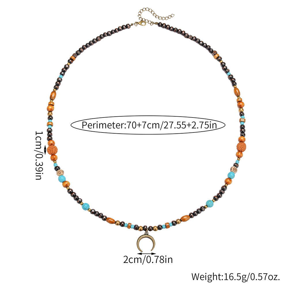 Vintage Geometric Moon Wood Bead Faux Turquoise Alloy Pendant Cable Chain Necklace for Unisex