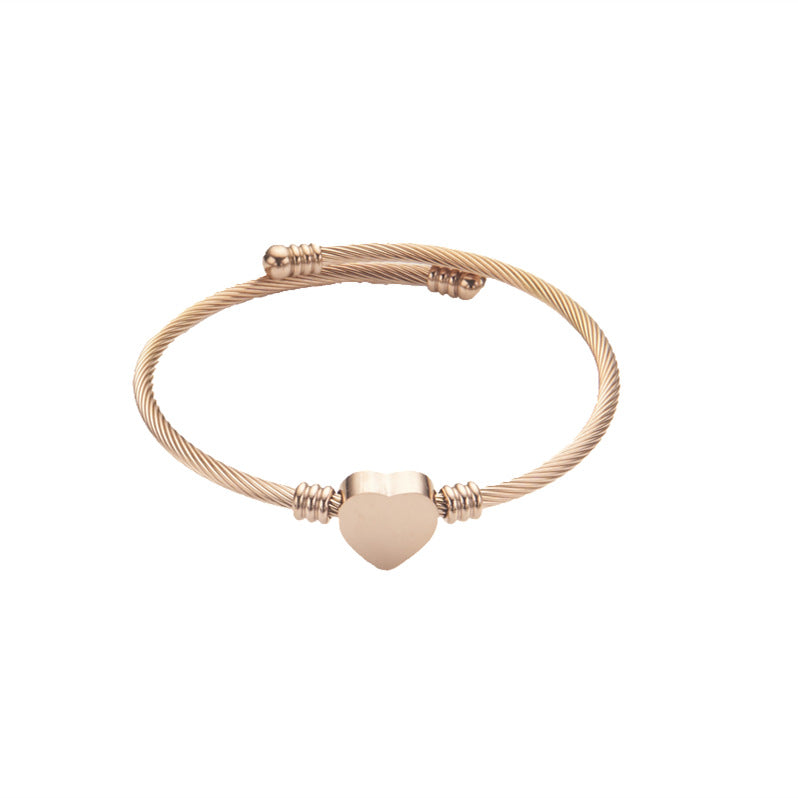 Pulsera ajustable abierta con alambre de acero inoxidable y letra o corazón con acabado pulido