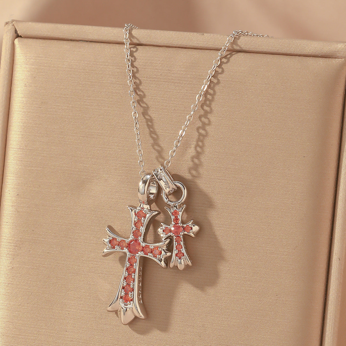 Luxury Sweet Double Cross Pendant Plated Titanium Steel Necklace with Curb Chain for Women