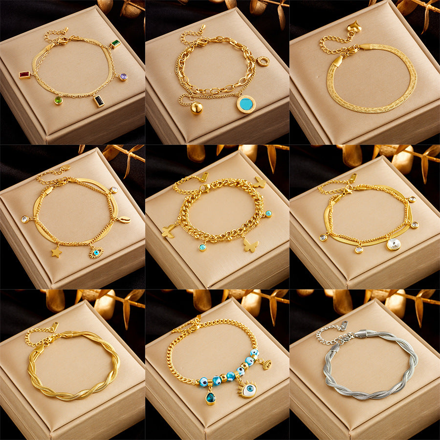 Minimalist Fashionable Stainless Steel Electroplated Round Pendant Bracelet with Rhinestone Accents Butterfly and Eye Motifs for Women