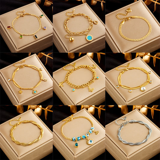 Minimalist Fashionable Stainless Steel Electroplated Round Pendant Bracelet with Rhinestone Accents Butterfly and Eye Motifs for Women