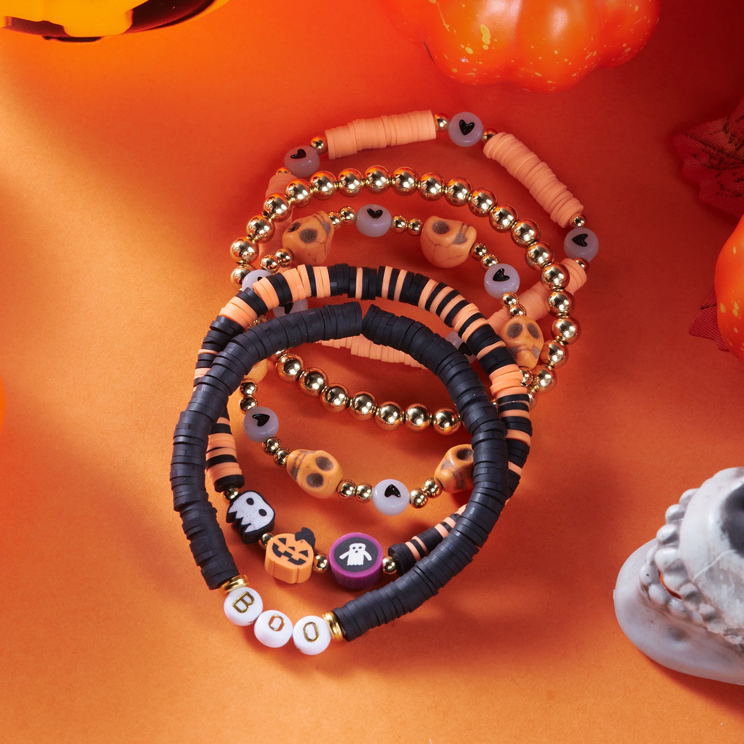 Linda-Atrevida pulsera elástica de cuentas con letras de calavera de calabaza de resina para Halloween, unisex