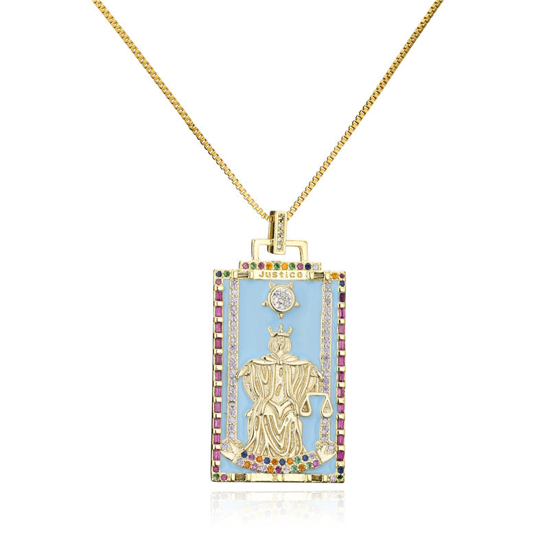 Minimalist Geometric Tarot Pendant Necklace in Copper with 18K Gold Plating and Zircon Inlay for Women