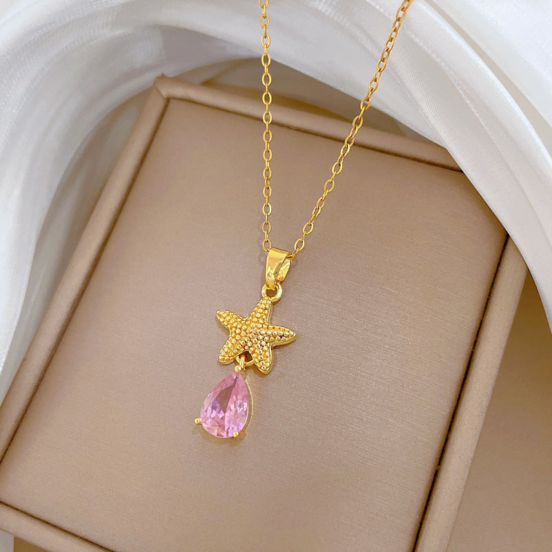 Sweet Minimalist Teardrop Star Rhinestone Titanium Steel Necklace for Unisex