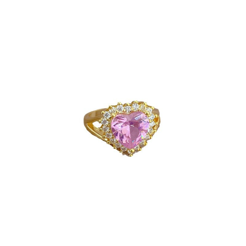 Heart-Shaped Pink Adjustable Ring Brass Plated Kawaii Fresh and Sweet Women's Band