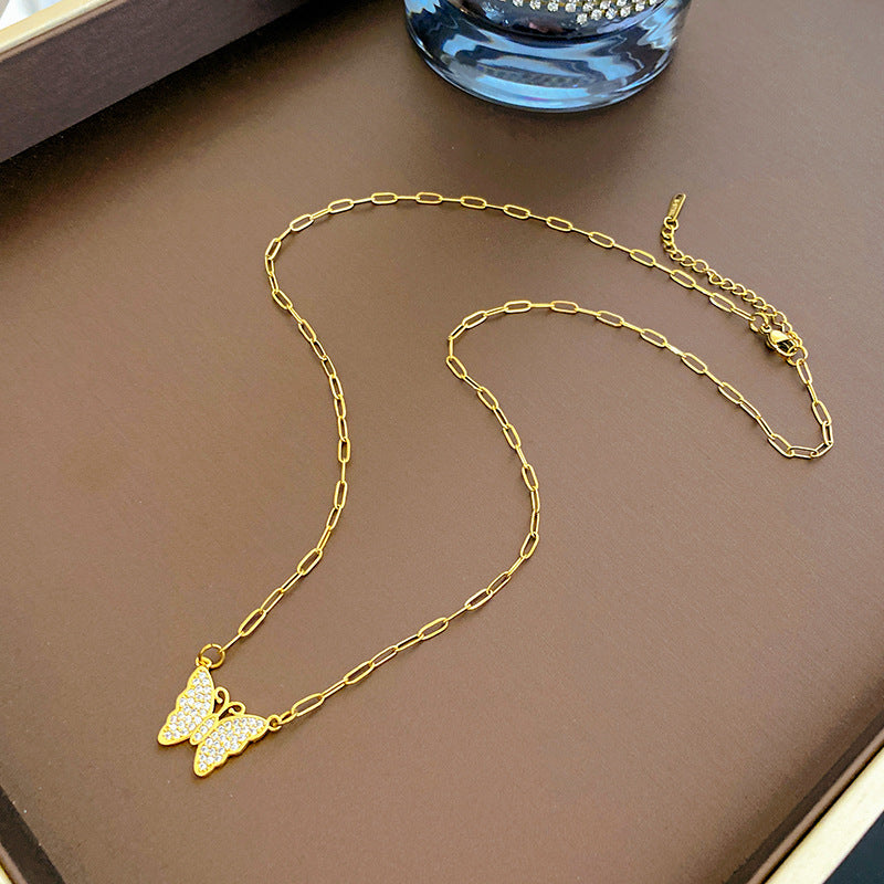 Vintage Geometric Butterfly Titanium Steel Plated Necklace with Cubic Zirconia for Unisex