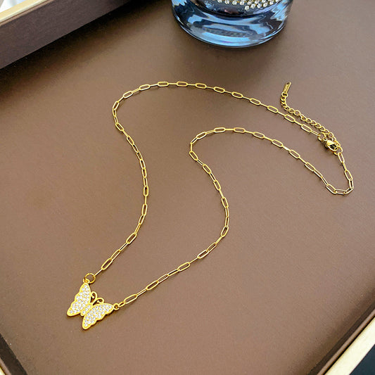 Vintage Geometric Butterfly Titanium Steel Plated Necklace with Cubic Zirconia for Unisex