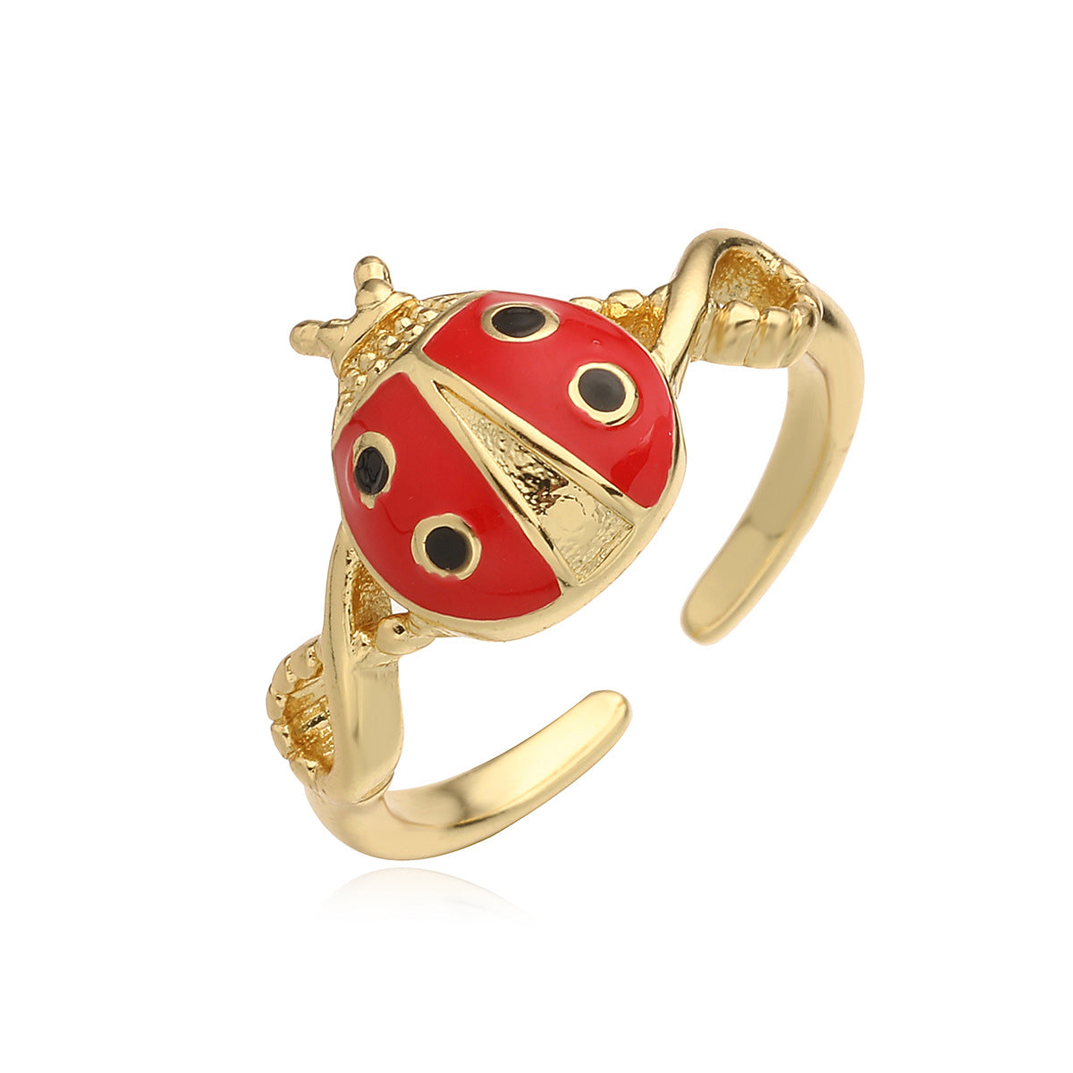 Minimalist Ladybug-Shaped Ring in Copper with 18K Gold Plating and Enamel Finish, Geometric Design