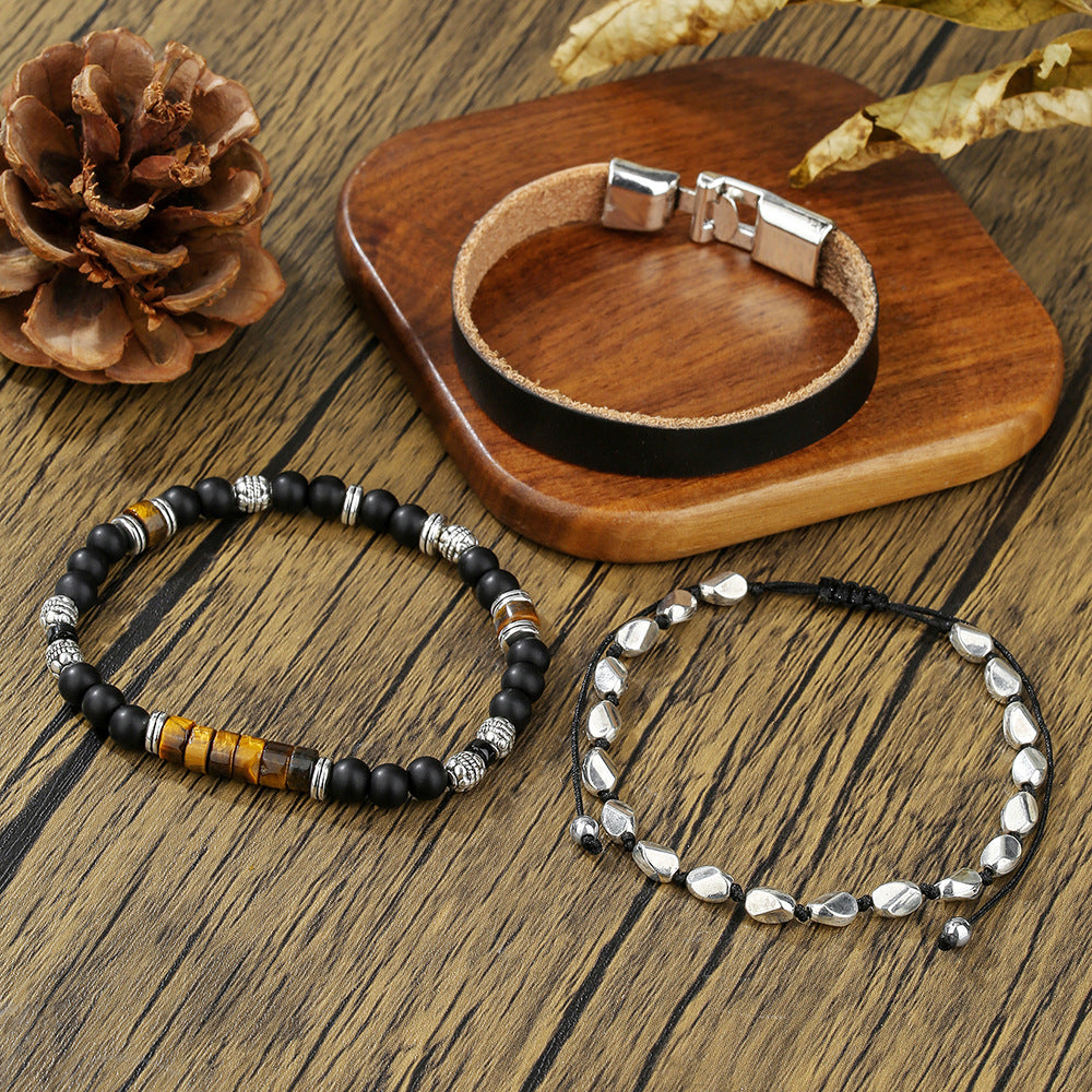 Hip-hop Men's Matte Leather Bracelet with Round Tiger's Eye and Agate Beads