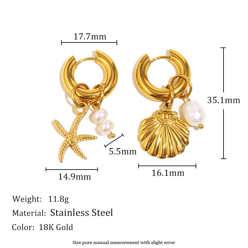 Minimalist Starfish Pendant Earrings for Women Stainless Steel with 18K Gold Plating and Pearl Accents