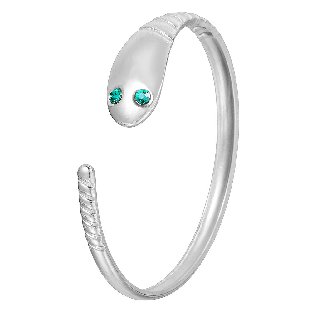 Minimalist Luxury Snake Shape Stainless Steel Plated Rhinestone Open Cuff Bracelet for Women