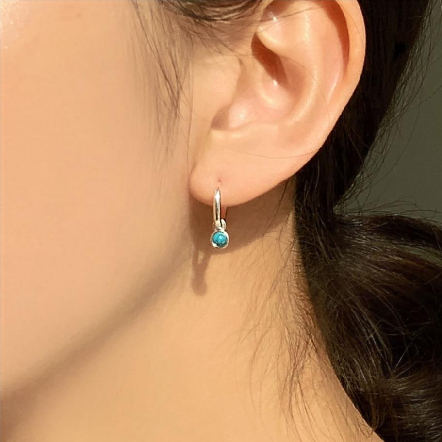 Minimalist Geometric Letter Shape 925 Sterling Silver Stud Earrings with Blue Turquoise Inlay for Women