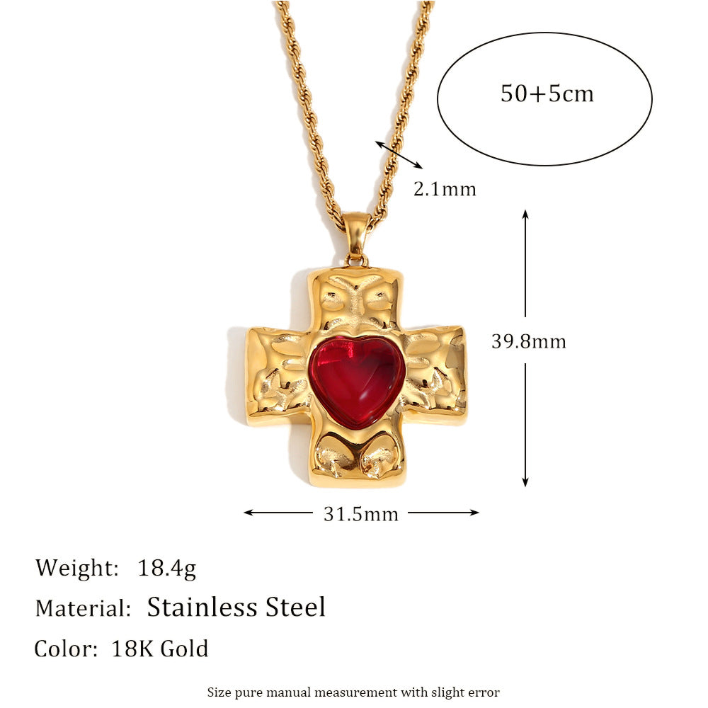 Collana con ciondolo a forma di cuore e croce, stile vintage francese, in acciaio inossidabile placcato oro 18 carati con finitura martellata