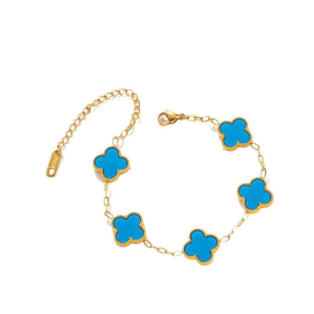 Pulsera Minimalista de Acero de Titanio con Forma de Trébol para Mujer con Baño de Oro e Incrustaciones de Nácar