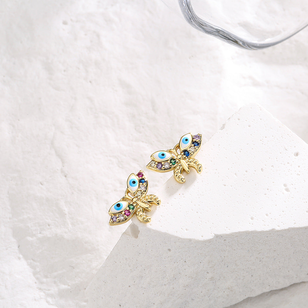 Orecchini a perno con farfalla geometrica alla moda, in rame, micro-pavé di zirconi e smalto, placcati oro 18K per donna