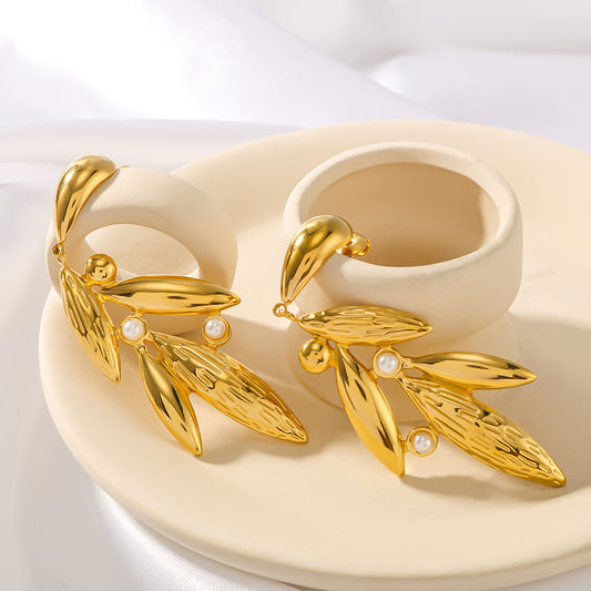 Geometric Leaf Earrings in Stainless Steel with 18K Gold Plating and Pearl Inlay for Women