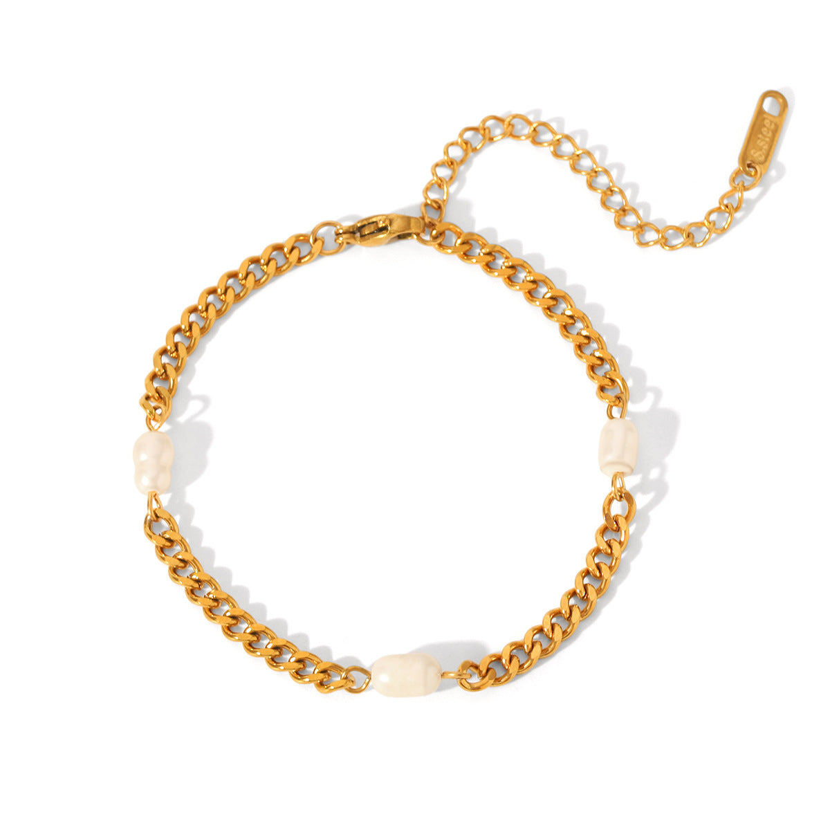 Bracciale da donna in acciaio inossidabile placcato oro 18 carati, stile Ins, con perle d'acqua dolce geometriche