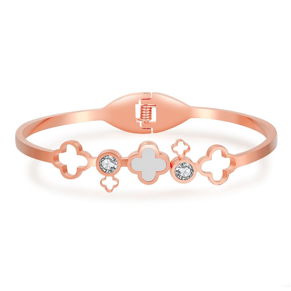 Casual Geometric Floral Micro-inlay Titanium Steel Bangle with Shell Design Open Cuff Bracelet
