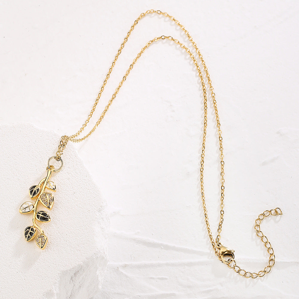 Elegant Enamel Zircon Leaf Pendant Necklace for Women in Copper with Real Gold Plating
