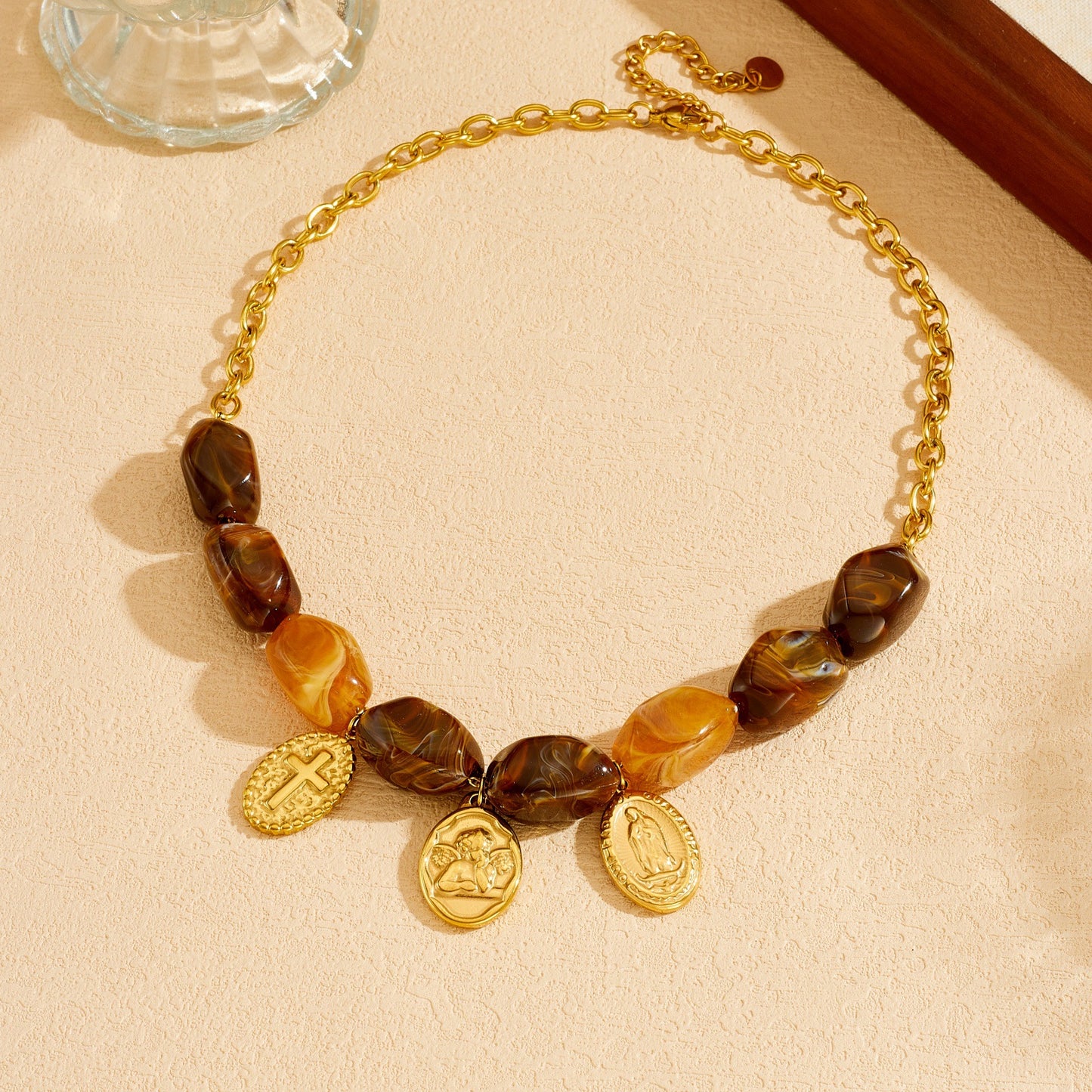 Vintage Ethnic Gold Plated Stainless Steel Cross Oval Round Beaded Necklace for Women