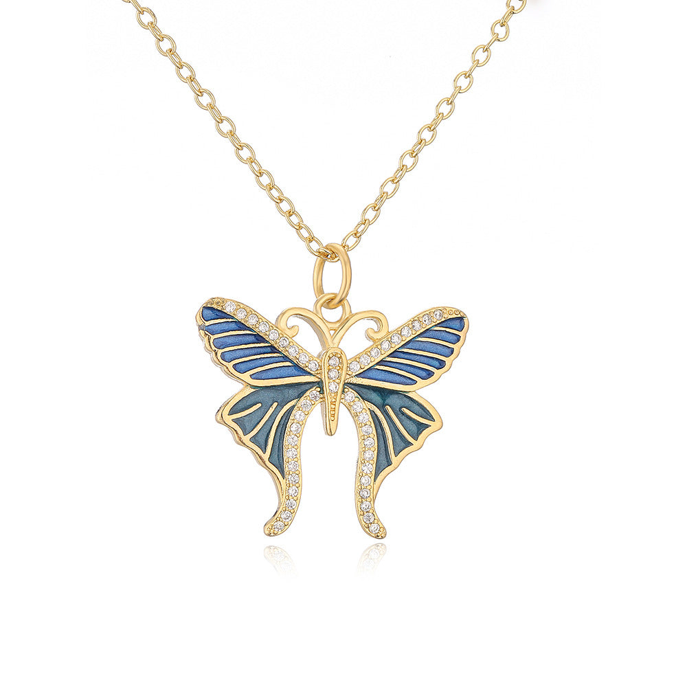 Minimalist Butterfly Pendant Necklace for Women Made of Brass with 18K Gold Plating and Enamel Finish Featuring Cubic Zirconia Inlay
