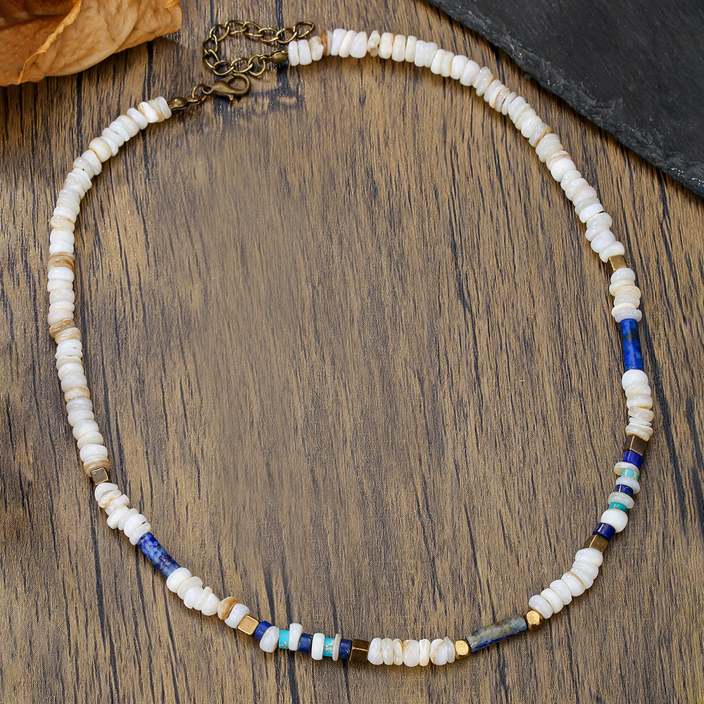 Personalized Geometric Round Stainless Steel Freshwater Shell Beaded Necklace Handmade Cable Chain