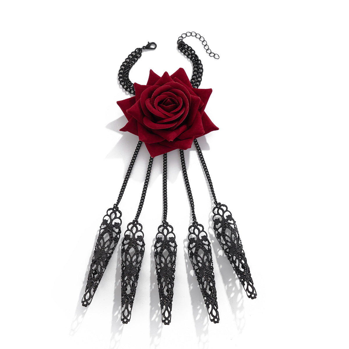 Gargantilla gótica oscura de perlas de múltiples capas para mujer con colgante de flor de rosa y detalles de borlas