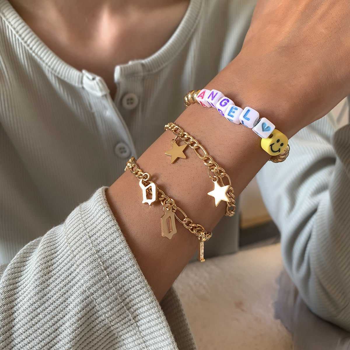 Minimalist Star Geometric Letter Tassel Charm Stretch Bracelet for Women with Heart and Bear Accents