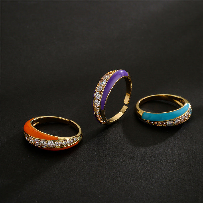 Fashion Geometric Drip Oil Brass Micro-Inlaid Cubic Zirconia Adjustable Open Ring for Women