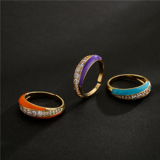 Fashion Geometric Drip Oil Brass Micro-Inlaid Cubic Zirconia Adjustable Open Ring for Women