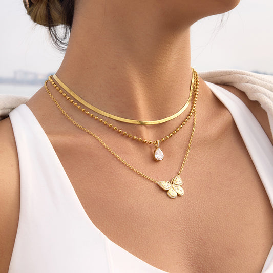 Minimalist Rhinestone Butterfly Titanium Steel Necklace PVD Gold Plated Pendant for Women