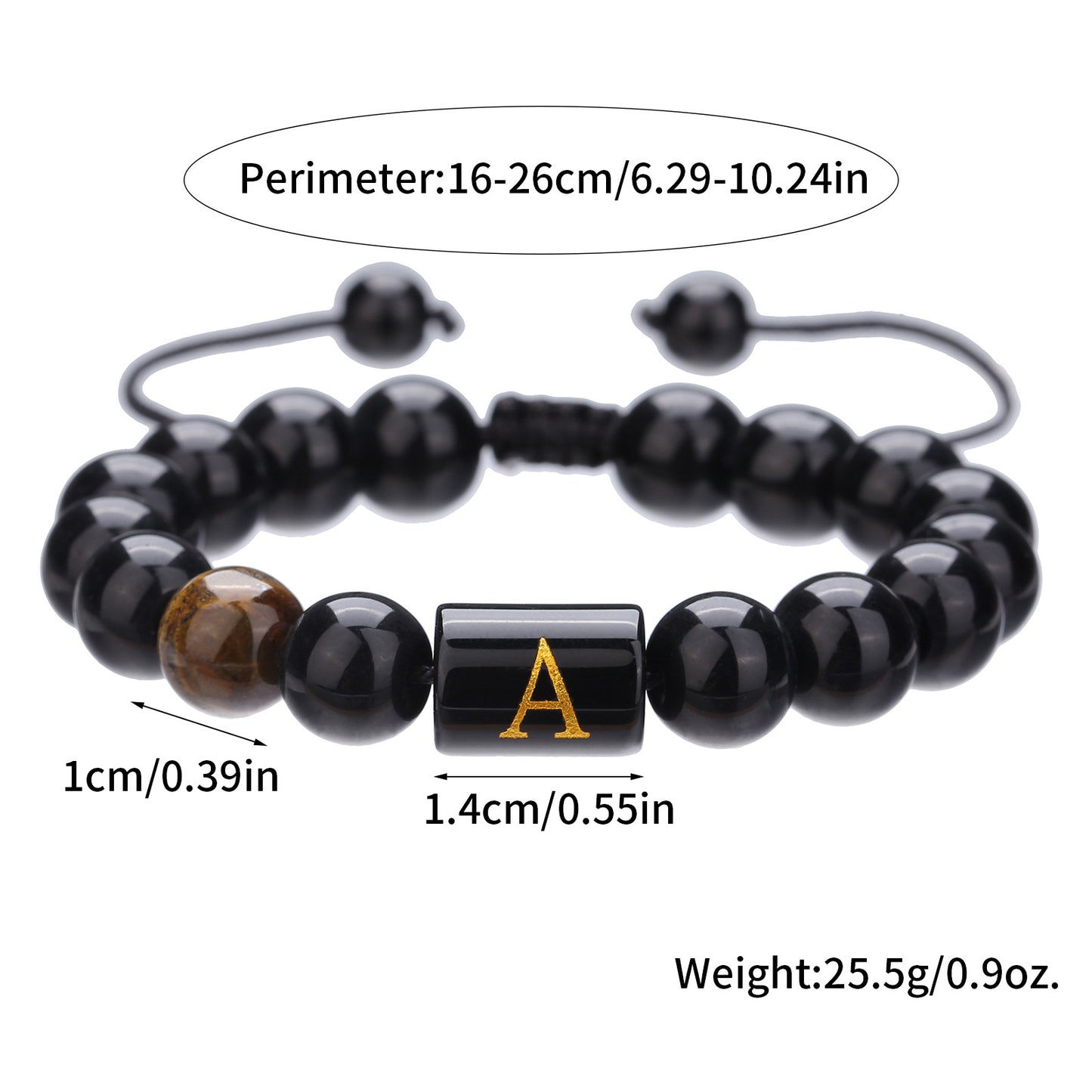 10mm Round Agate Beaded Bracelet with Alphabet Letters Adjustable Unisex