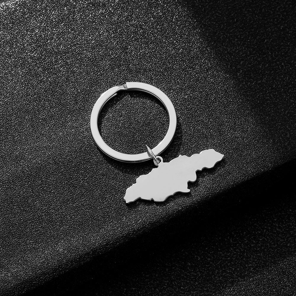 Llavero con colgante de mapa de Jamaica y ciudad estilo étnico en acero de titanio para hombres y mujeres