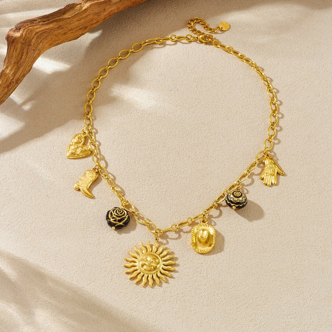 Vintage Gold Plated Stainless Steel and Acrylic Sun Face Pendant Necklace for Women