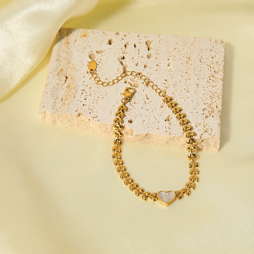 Minimalist Heart-Shaped White Abalone Shell Bracelet in Stainless Steel with 18K Gold Plating for Women
