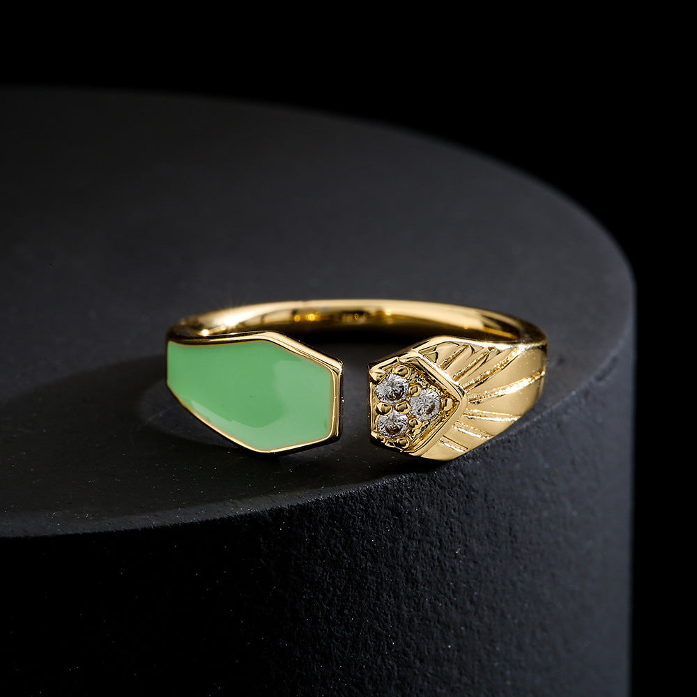 Minimalist Geometric Copper Ring with 18K Gold Plating and Colored Enamel Zirconia for Women