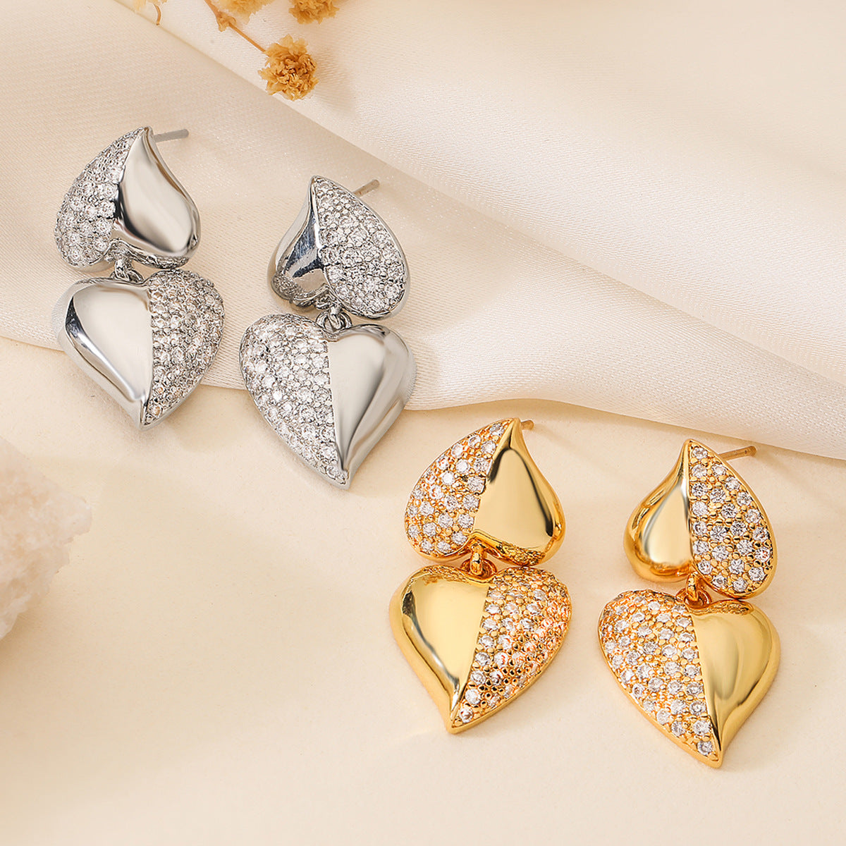 Fashionable Minimalist Heart-Shaped Copper Earrings with Real Gold Plating and Micro-Paved Zirconia for Women