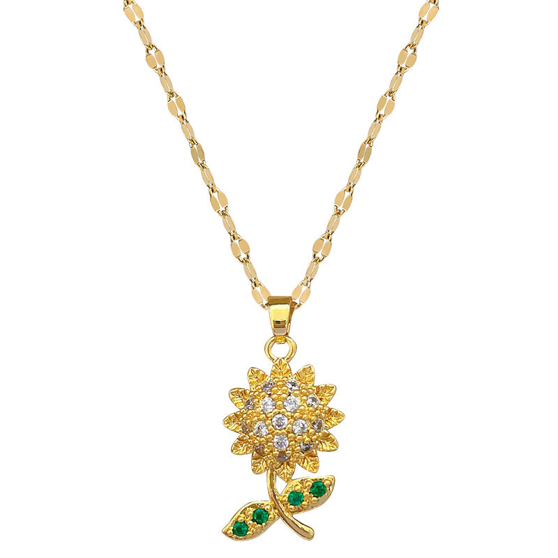 Luxury Titanium Steel Leaf Sunflower Rhinestone Collar Chain Necklace for Unisex