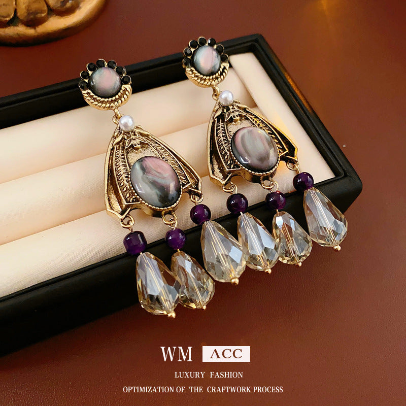 Vintage Floral Tassel Earrings with Rhinestones in Silver Plated Setting for Women