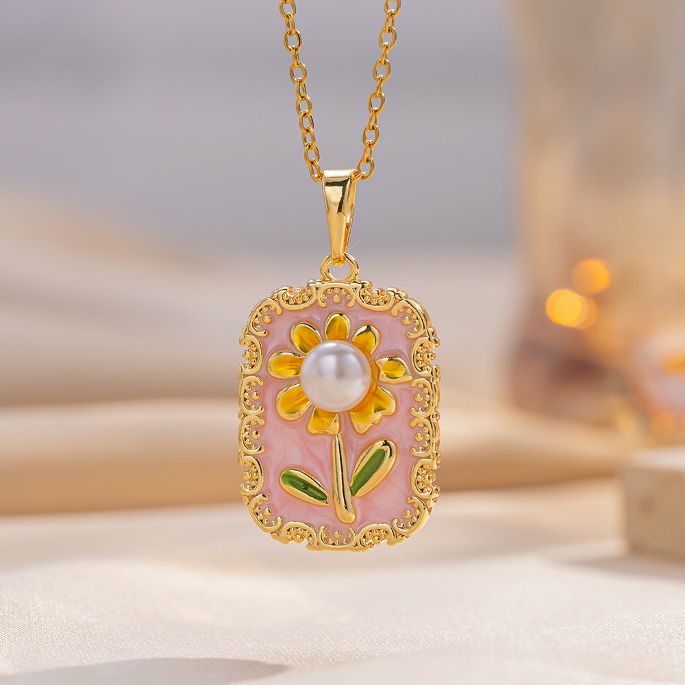 Minimalist Sunflower Pendant Necklace in Titanium Steel with Enamel Finish for Women, O-Chain Locket Style