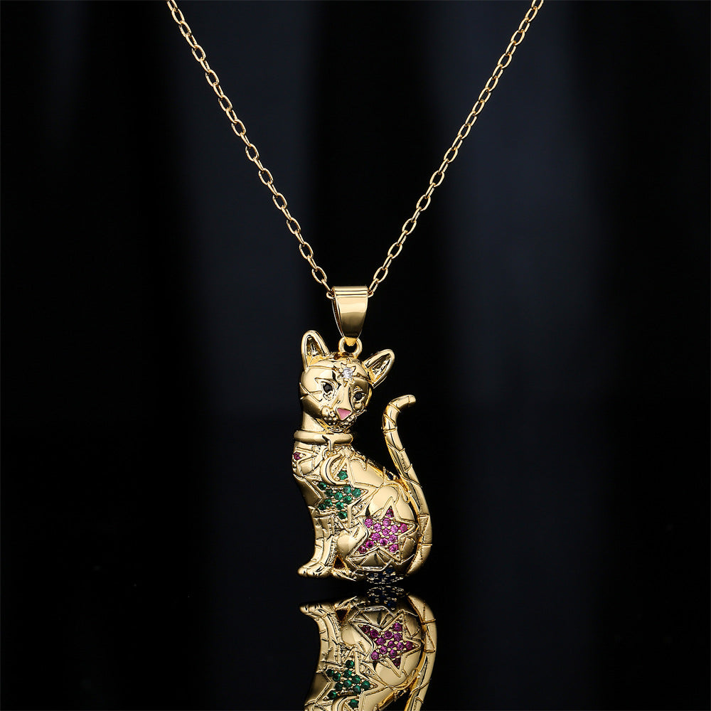 Minimalist Tiger Animal Pendant Necklace in Copper with Gold Plating and Micro-Pave Zirconia