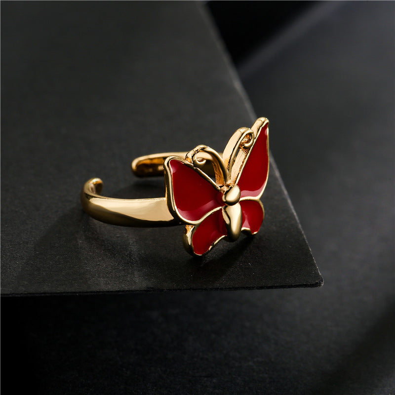 18K Gold Plated Brass Drip Oil Butterfly Open Ring for Women
