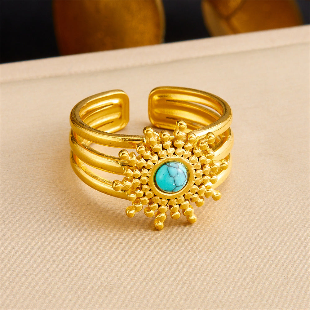 Anillo de acero inoxidable geométrico de estilo vintage con baño de oro de 18 quilates y detalle de corazón asimétrico para mujer