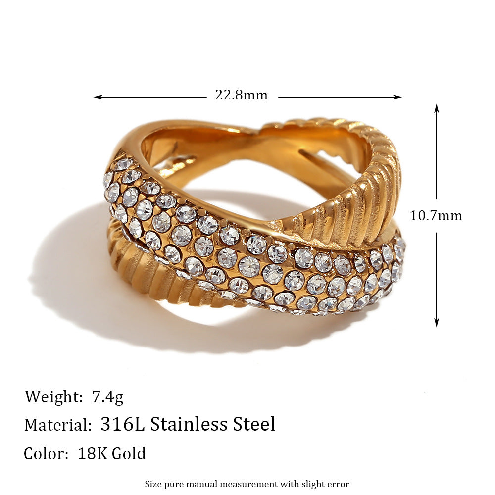 Minimalist Geometric Stainless Steel Ring with 18K Gold Plating and Micro-Paved Zirconia for Women