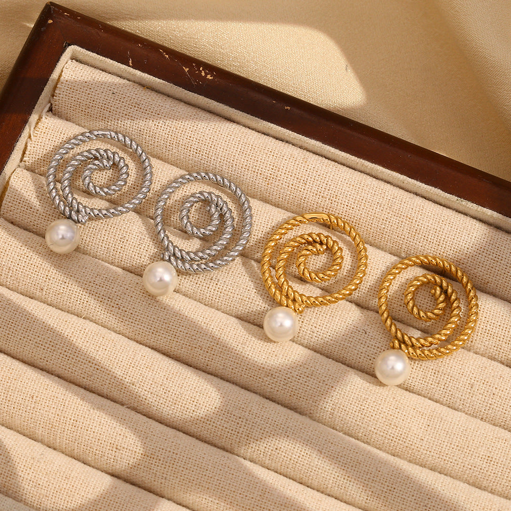 Orecchini a perno da donna in acciaio inossidabile con placcatura in oro 18 carati e accenti di perle, stile geometrico d'ispirazione vintage