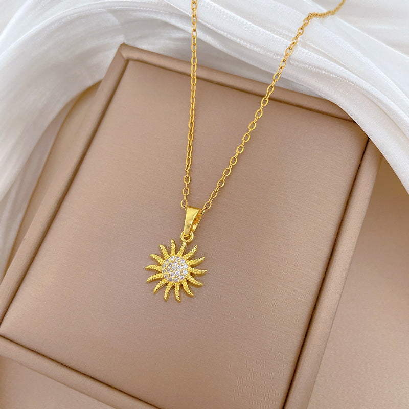 Sweet Minimalist Geometric Rhinestone Sunflower Pendant Titanium Steel Necklace for Women and Men
