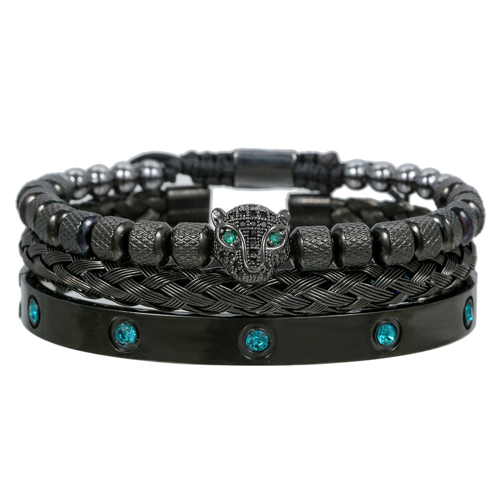 Vintage Geometric Leopard Head Micro-inlaid Cubic Zirconia Woven Stainless Steel Bracelet Set