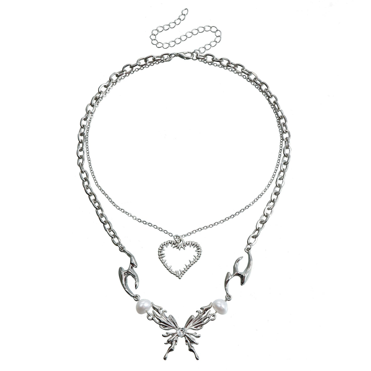 Fashionable Butterfly and Heart Pendant Alloy Necklace with Rhinestone Inlay and Plated Finish for Women