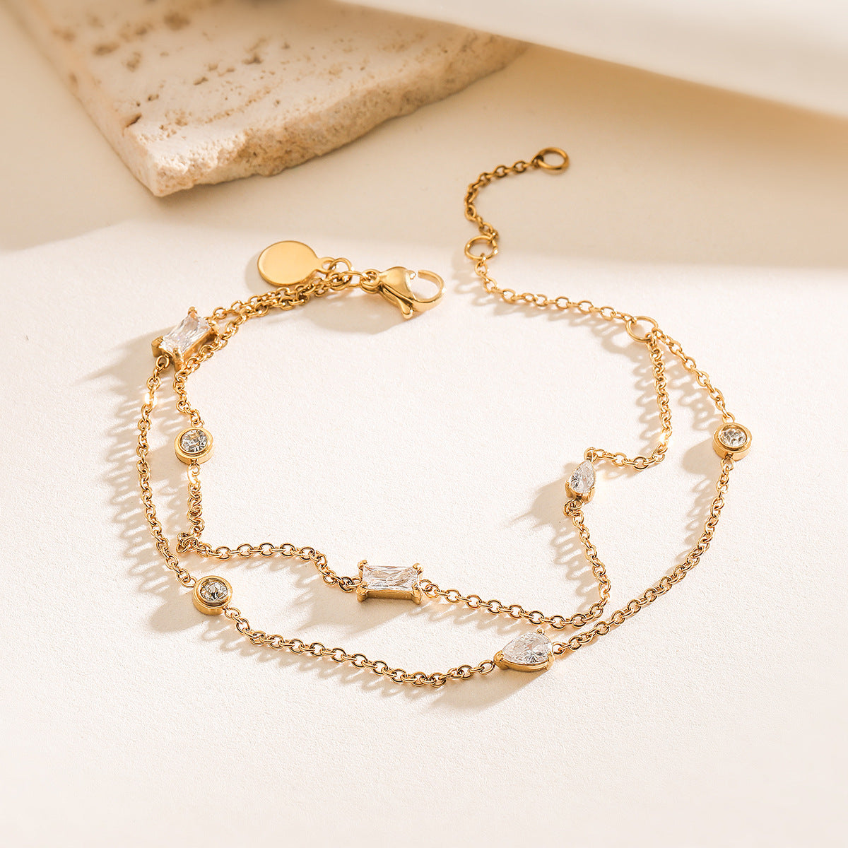 Minimalist Elegant 18K Gold Plated Geometric Stainless Steel Bracelet with Cubic Zirconia for Women