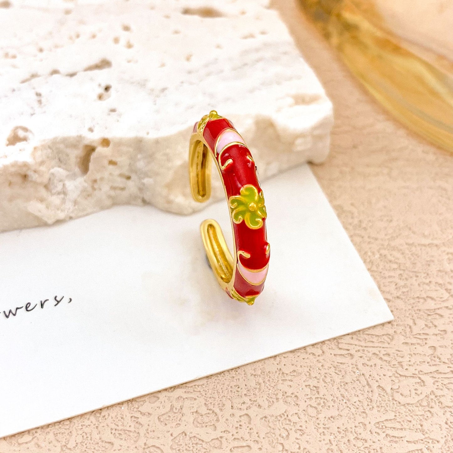 Anello da donna in lega smaltata floreale elegante di lusso